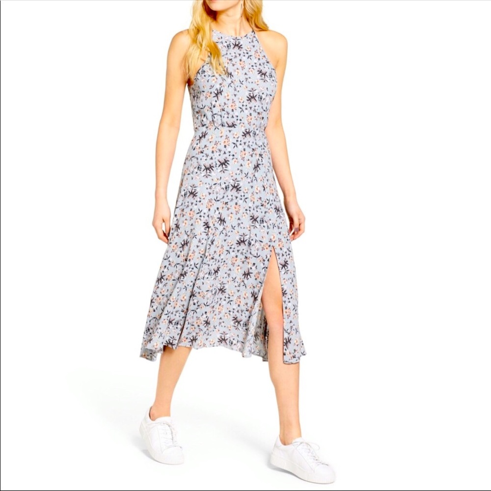 ASTR Light Blue Floral Halter Midi Dress with Side Slit